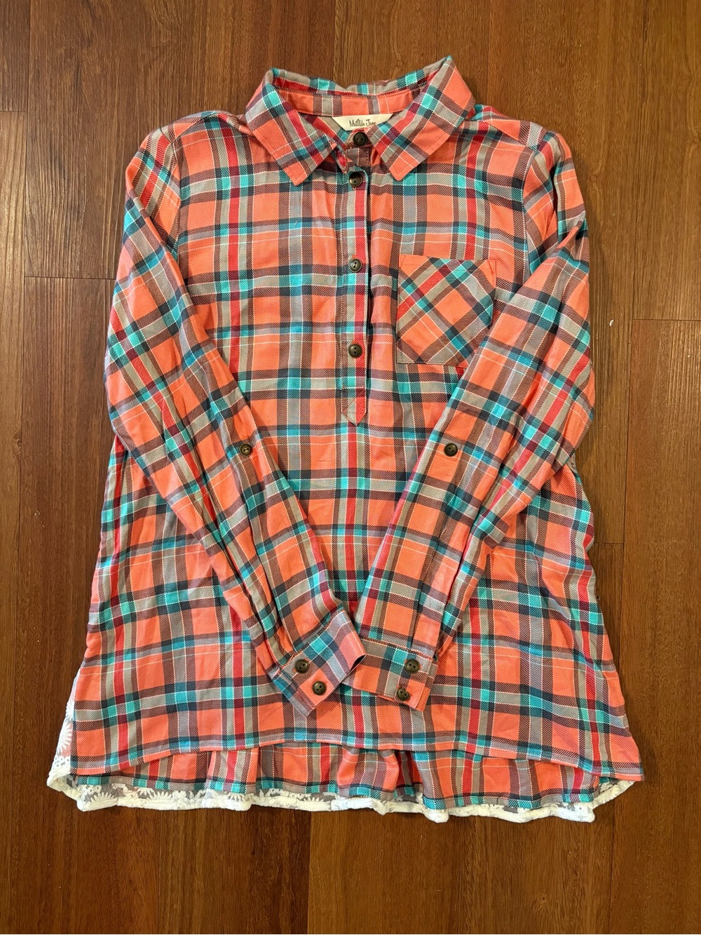 Matilda Jane Noble Tunic M Coral Plaid Lace Hem Boho Cottagecore Top